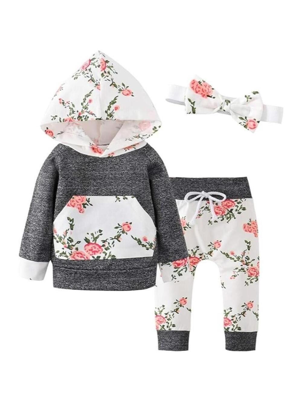 Baby Girl 2 Piece Outfit Floral Hoodie and Pants Matching Headband 12/18 Months